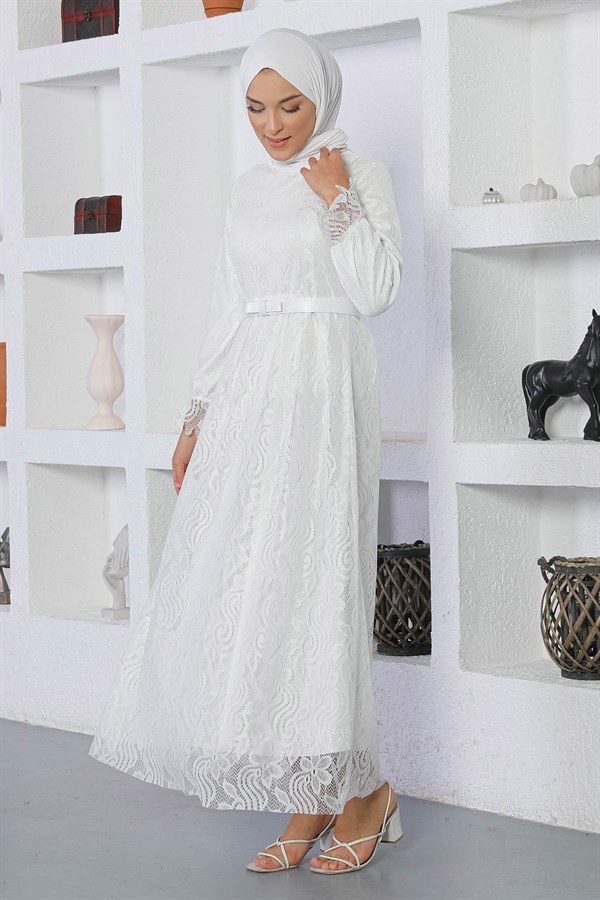 Dantelli Kemerli Elbise Beyaz 17600