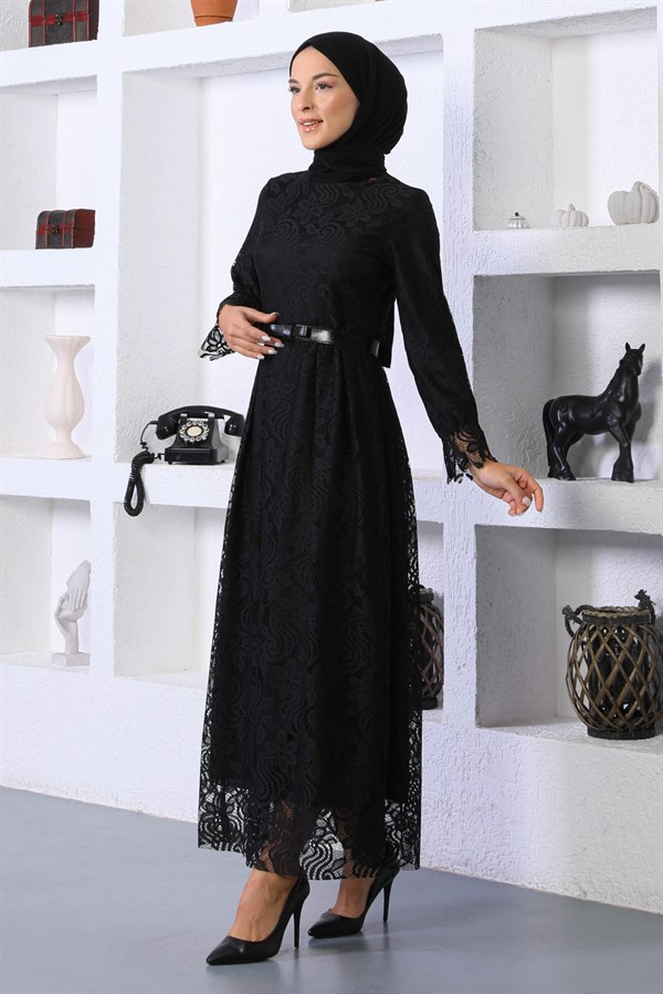 Dantelli Kemerli Elbise Siyah 17600