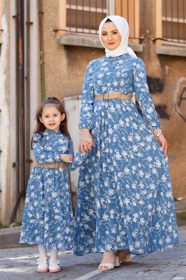 Gül Desen Çocuk Elbise Mavi 10480-11
