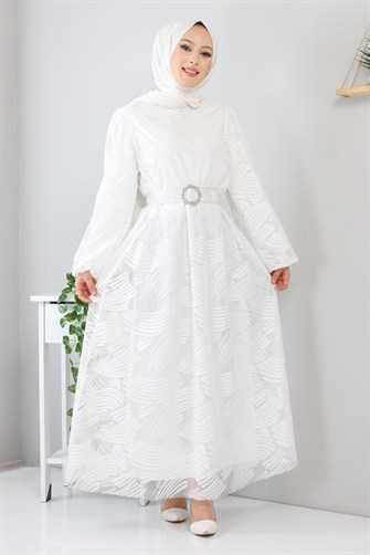 Kemerli Dantelli Elbise Beyaz 13300