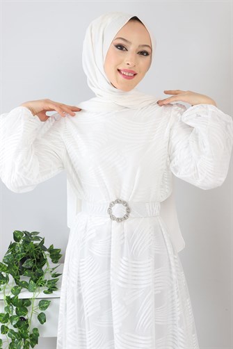 Kemerli Dantelli Elbise Beyaz 13300